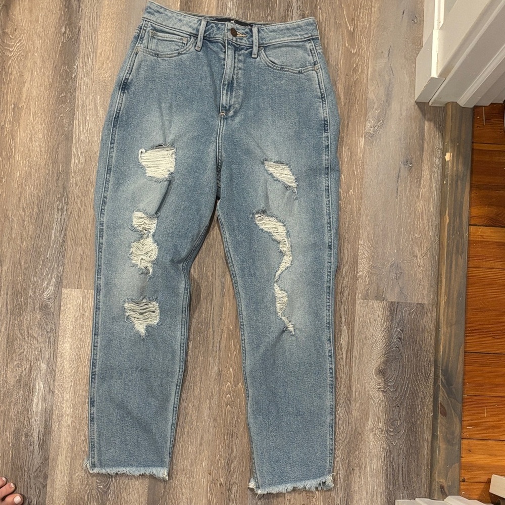 Hollister Light Blue High Rose Distressed Straight Leg Jeans Streetwear Grunge
